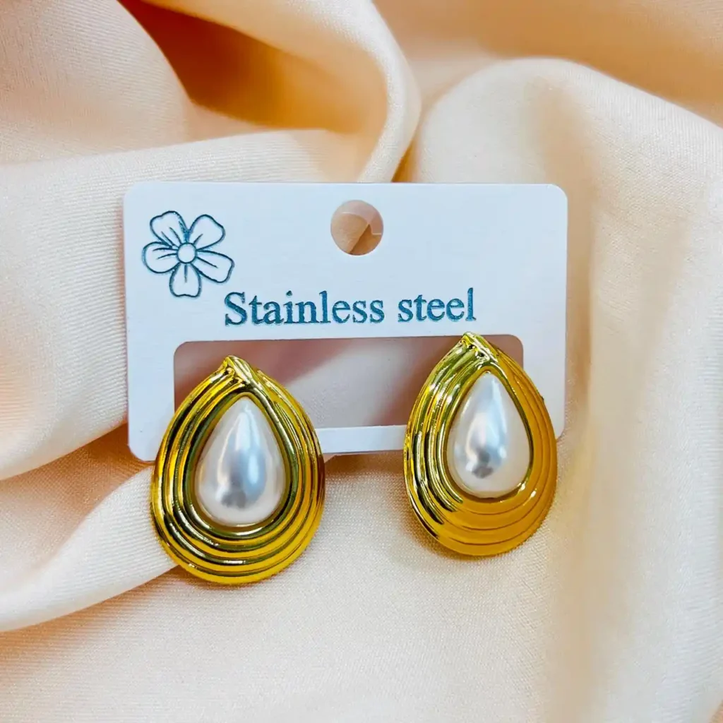Gold plated stainless steel pearl stud earrings for women, elegant and lightweight jewelry