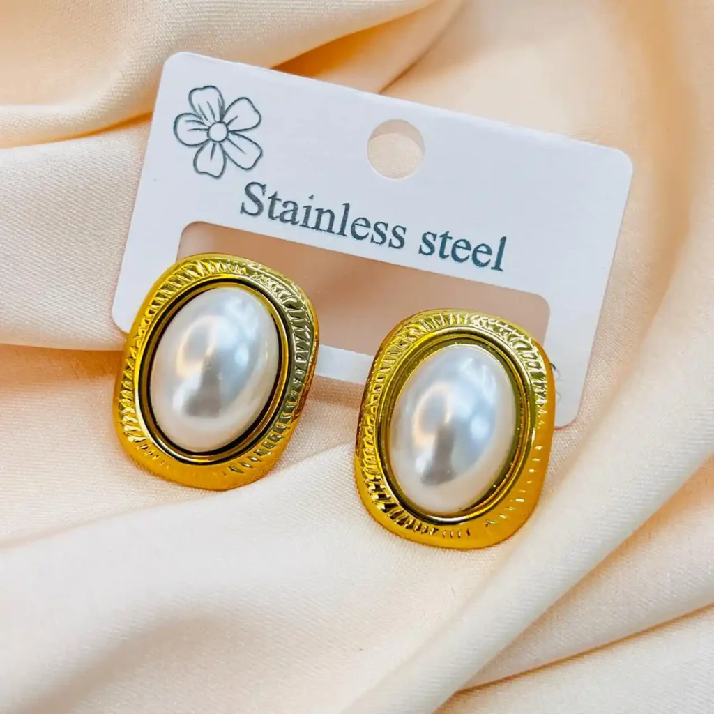 Gold plated stainless steel pearl stud earrings for women, elegant and lightweight jewelry.