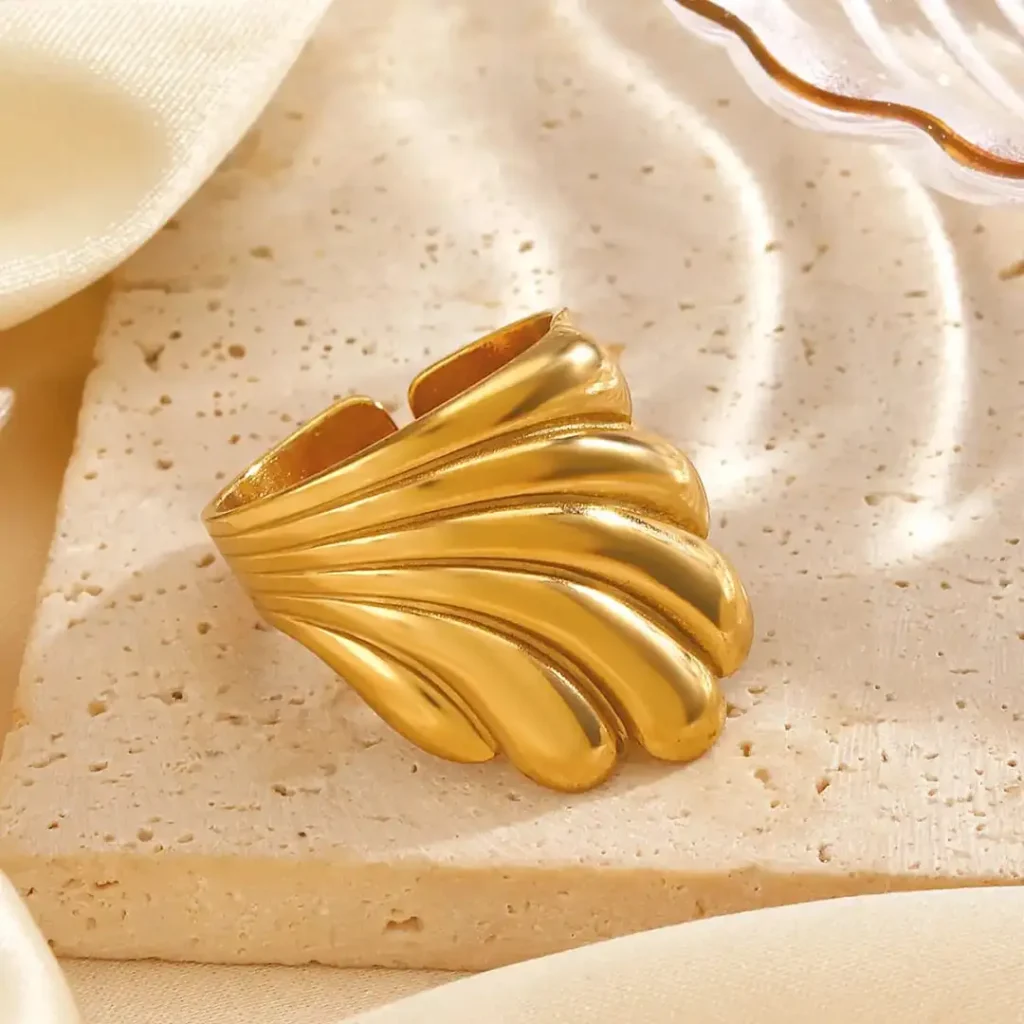 18ct Gold Plated Sculptural Wave Open Ring |