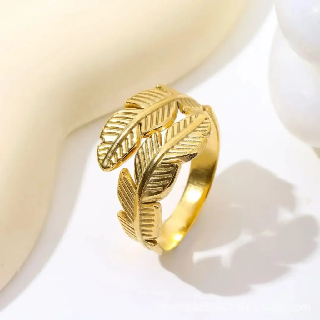 Dainty Nature Inspired Gold Leaf Ring in Stainless Steel