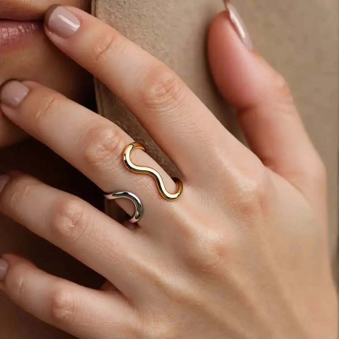Adjustable Non Tarnish Dainty Stainless Steel Thumb Ring Gold Silver Asymmetrical Wavy Curve Ring Chunky Rings for Women - Image 2